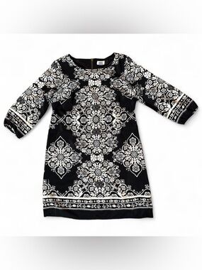 Old Navy Black White Floral Print Shift Dress 3/4 Sleeve Mini